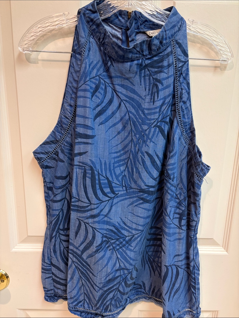 “Cato” Blue Denim-Look Leaf Print Mock Neck  Top